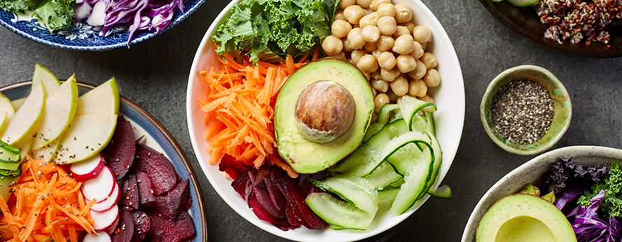 A variety of different bowls of vegan food