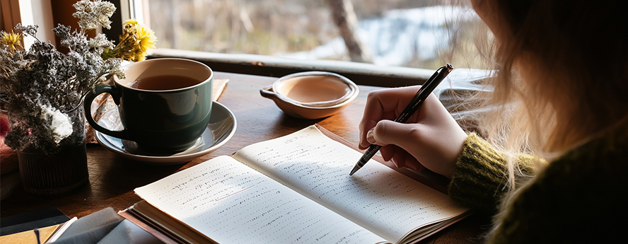 Woman writing in a notebook with a cup of tea